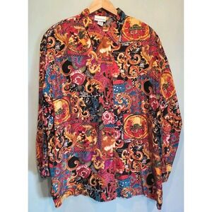 Vtg Vibrant Multicolor Artsy Silk Button Up Tunic Top Adrian Jordan Sz 22/24